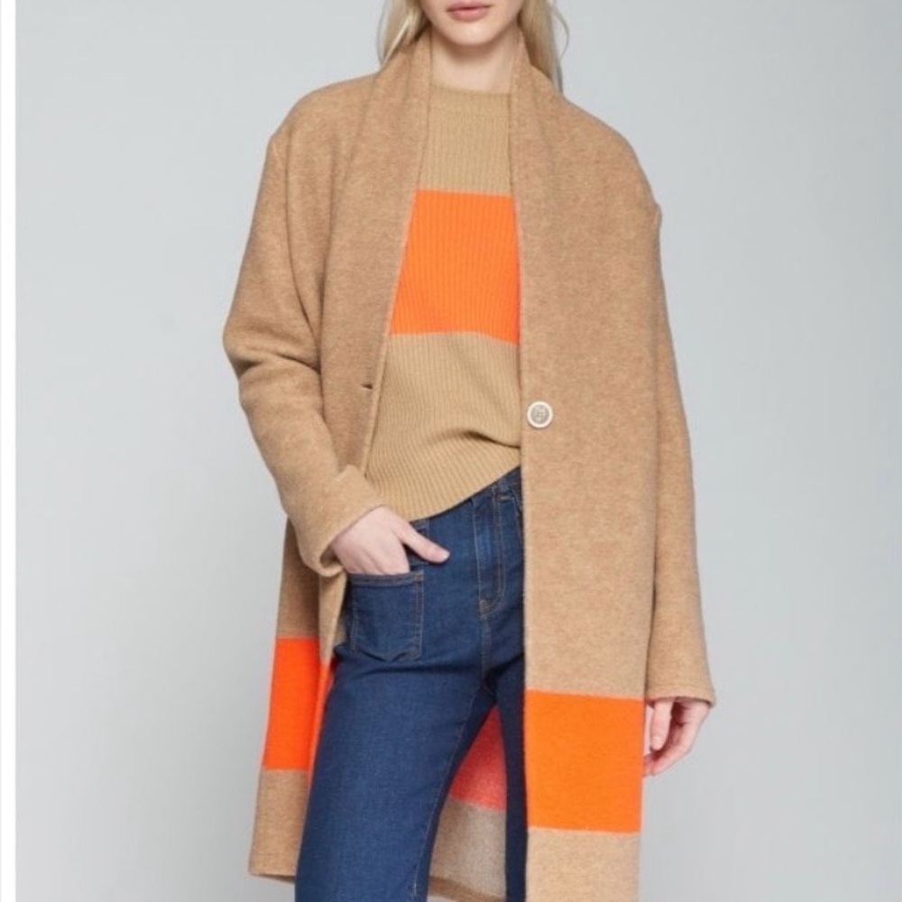 Anthropologie VILAGALLO Eli Camel Wool Mix Coat With Orange Stripe Pockets Sz S